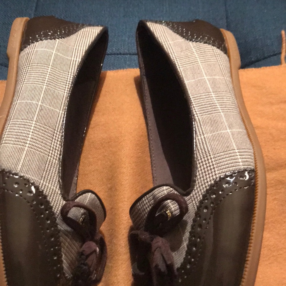 Plaid and patten top siders with tassels.